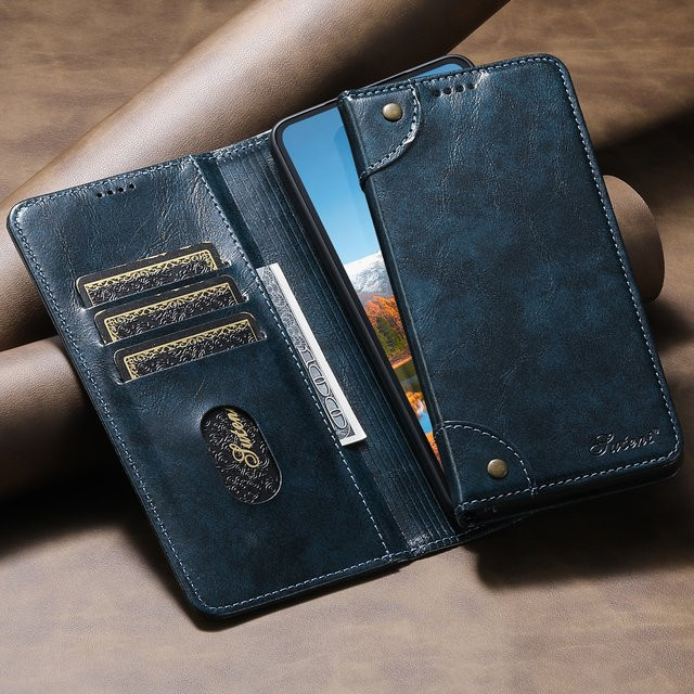 SUTENI Handyhülle aus Kunstleder mit Kartenhalter und Standfunktion als Brieftasche mit Magnetverschluss für Galaxy S26 Ultra, S25 Plus, S24 und S23+, Farbe: Blau - Bild 1