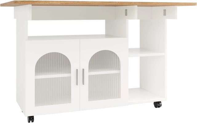 Merax Kücheninsel Servierwagen mit klappbarer Arbeitsplatte in Weiß und Holzoptik, B/T/H: 120,0 x 70,0 x 79,5 cm - Bild 1