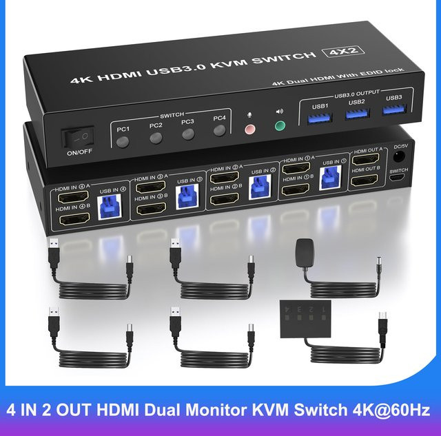 AIMOS 4 in 2 Out HDMI Dual-Monitor-KVM-Switch in Schwarz mit 4K@60Hz Unterstützung, EDID und 3 USB 3.0 Anschlüssen für 4 PCs zur Steuerung von Tastatur und Maus - Bild 1