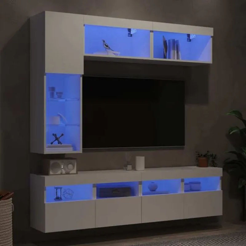 Vidaxl 7-teilige moderne TV-Wohnwand mit LED-Leuchten in Weiß aus Holzwerkstoff und Glas - Bild 1