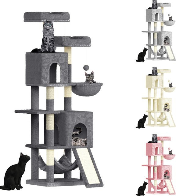 Dogat Katzenspielturm Grau mit 7 Kratzflächen, 2 Häusern und Hängematte, Höhe: 158 cm - Bild 1