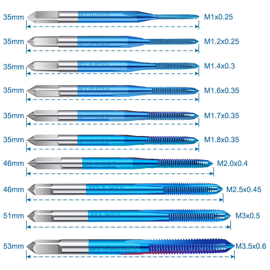 XCAN 10/11-teiliges metrisches Gewindebohrer-Set aus HSS mit verstellbarem Gewindebohrer-Schlüssel, M1-M3.5 gerade Gewindeschneidmeißel und M1-M8 Set, Blau - Bild 2