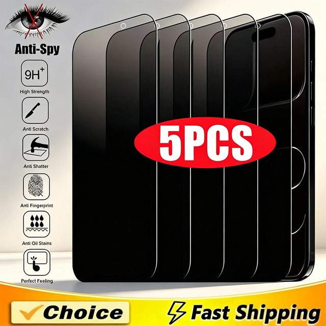 NNBILI 5 Stück Anti-Spy Sichtschutz Displayschutzfolie aus Glas für iPhone 16 15 14 13 12 11 Pro Max XR X XS transparent - Bild 1