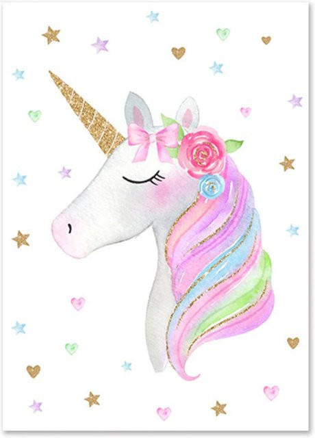 TPFLiving Poster Leinwand für Kinderzimmer mit Einhorn, Regenbogen, Sternen und Herzen in Multicolour, B/H: 30 x 40 cm - Bild 1