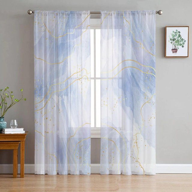 Transparentes Voile Tüll Vorhang von A Family Of Home Textiles mit Marmor Linie Gold Gradienten in Blau, Breite: 135 cm, Höhe: 137 cm - Bild 1