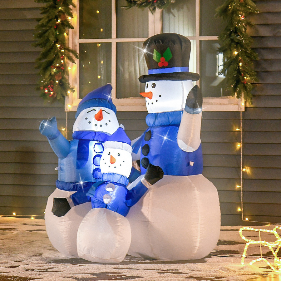 HOMCOM Selbstaufblasbare Schneemann Familie mit LED Gebläse, winterliche Weihnachtsdekoration in Blau und Weiß, B/T/H: 55 x 100 x 120 cm - Bild 2