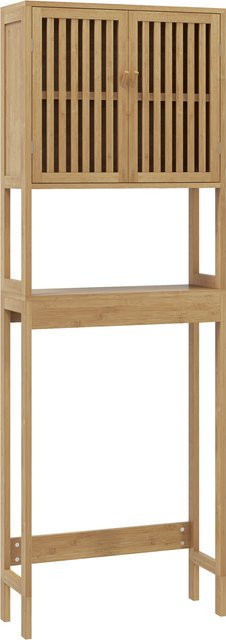 Aosom HOMCOM WC-Regal Badezimmerschrank aus Bambus mit 2 Türen und offenem Fach, Naturholz, B: 60 cm, T: 21,5 cm, H: 172 cm - Bild 1