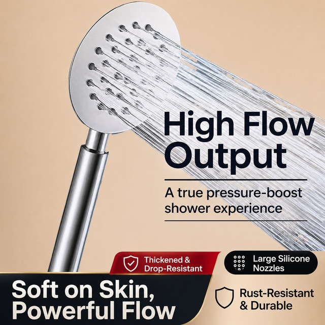 LITERE SANITARY WARE Handbrausekopf aus 304 Edelstahl in Silber, rund, hochdruckstark und wassersparend mit Silikondüsen zur einfachen Kalkreinigung - Bild 1