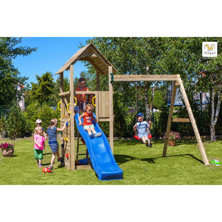 Fungoo Spielturm Carol 2 Klettergerüst mit Rutsche, Schaukel und Kletterwand in Natur - Bild 2