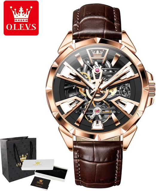 OLEVS Armbanduhr, Automatik, Skelettuhr, Leder, Schwarz, Herren - Bild 1
