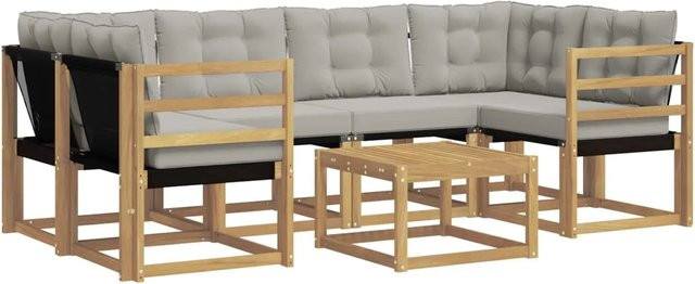 vidaXL Outdoor-Sofagarnitur 7-teilig aus Akazienholz mit Textilene und Kissen in Weiß-Hellgrau - Bild 1