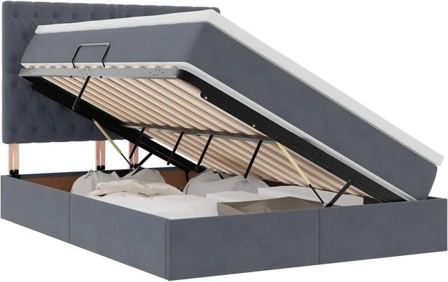 vidaXL Bett mit Stauraum und LED in Dunkelgrau aus Samt mit USB-Ladeport, B/T/H: 140 x 190 x 44 cm - Bild 1