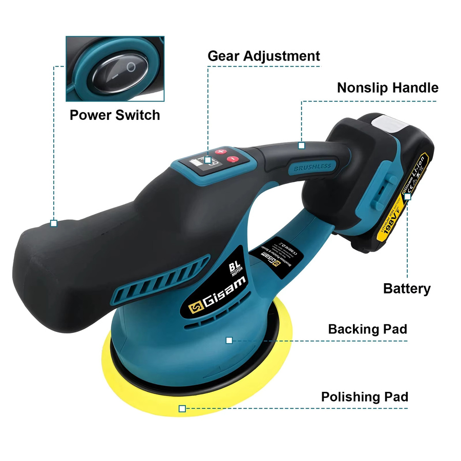 Gisam Bürstenloser kabelloser Auto-Polierer mit 6 Gängen in Blau, kompatibel mit Makita LXT 18V Akku - Bild 6