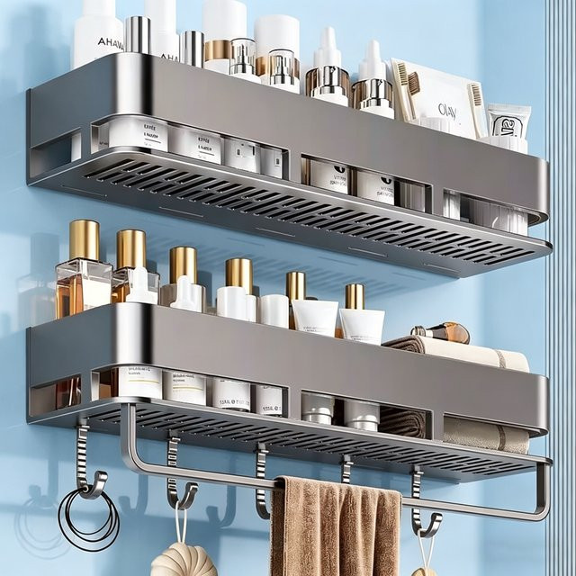 YUNJIEYA Badezimmer-Regal als Eck-Duschregal aus Metall, Wandmontage, Grau/Silber, Matt - Bild 1