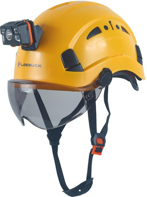 LOEBUCK Schutzhelm Gelb mit Schutzbrille und LED-Scheinwerfer nach EN 397 für Bauarbeiten, Kopfumfang: 53-64 cm - Bild 1