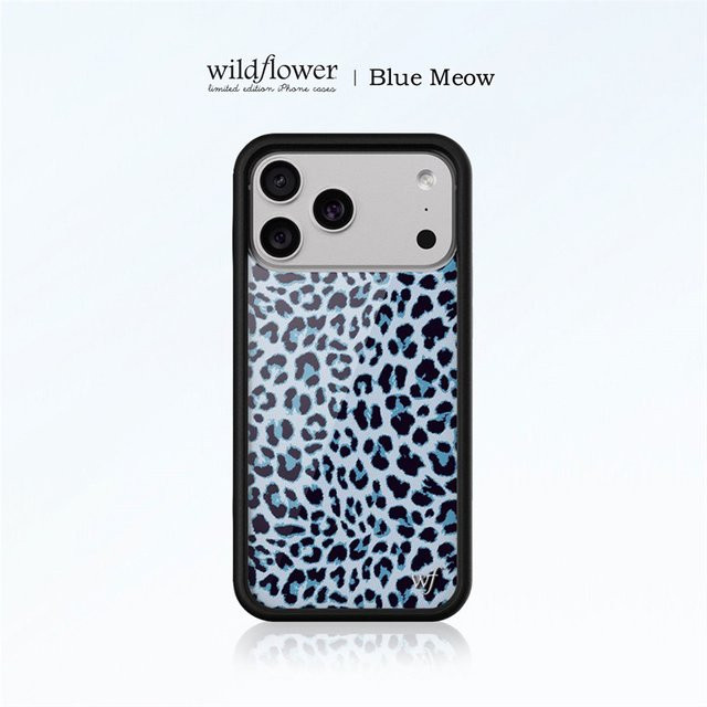 Wildflower Meow Handyhülle für iPhone 17 16 15 14 13 12 Pro Max in Snow Blue mit rotem Liebesherz und Leopardenmuster, stoßfeste Rückseite - Bild 1