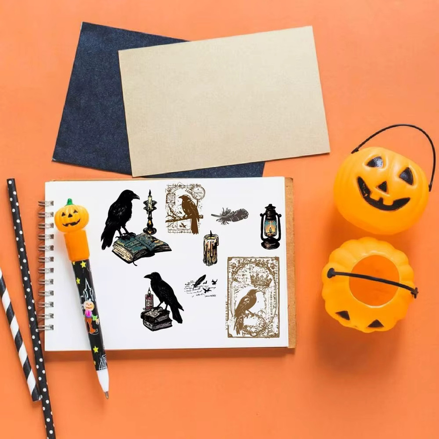 Dekorative Silikon-Siegelstempel Set mit 2 Motiven: Krähe, Öllampe und Retro-Schädel in Transparent, ideal für Karten und Buchmuster - Bild 3