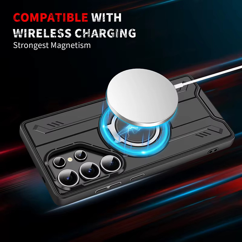 MagSafe kompatible Handyhülle für Samsung Galaxy S25 Ultra S24 Ultra S23 S22 S21 Plus mit 360 Grad rotierbarem Metallring in Schwarz - Bild 2