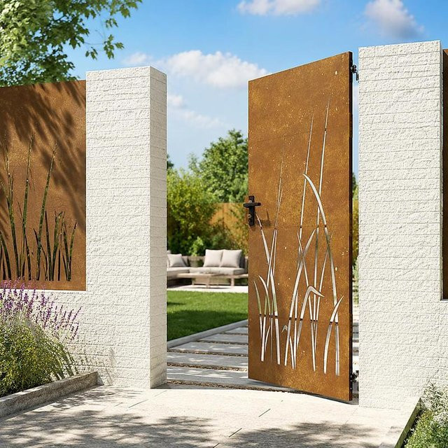 Metallgartenzaun aus Cortenstahl mit Laser-Cut-Design und Sicherheitsverschluss in Braun, B/H: 85 x 175 cm - Bild 1