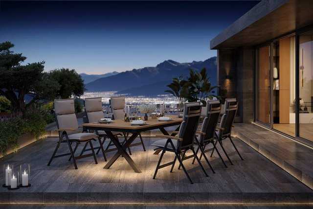OUTFLEXX Luminara Garten-Essgruppe mit LED-Beleuchtung in Anthrazit Matt und Natur, bestehend aus einem Tisch und 6 Klappstühlen inklusive Auflagen, B/T: 240 x 100 cm - Bild 1