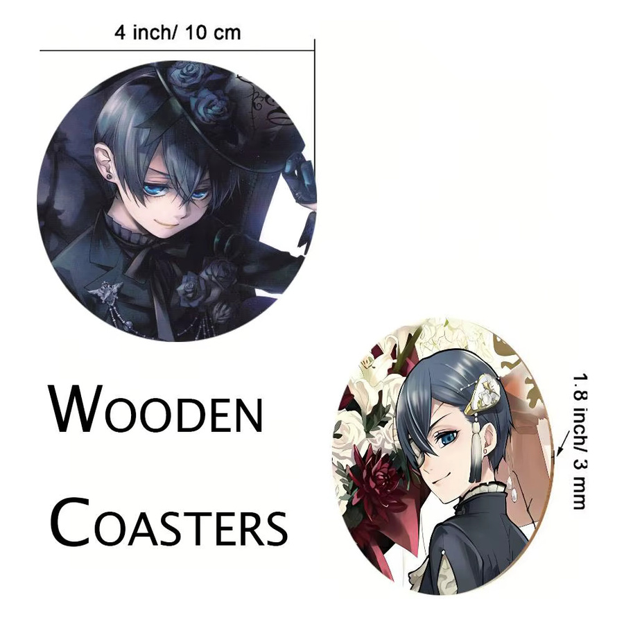 Runder Holz-Untersetzer mit Ciel Phantomhive Anime-Motiv, Durchmesser: 10 cm, Mehrfarbig - Bild 6