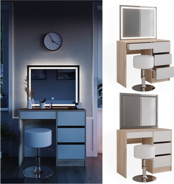 Vicco Schminktisch Sherry mit LED-Spiegel und Hocker in Weiß und Eiche, B/T/H: 90 x 40 x 75 cm - Bild 2