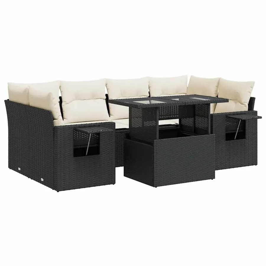 vidaXL 7-teilige Garten-Sofagarnitur in L-Form aus Poly-Rattan mit Kissen in Schwarz-Creme - Bild 2