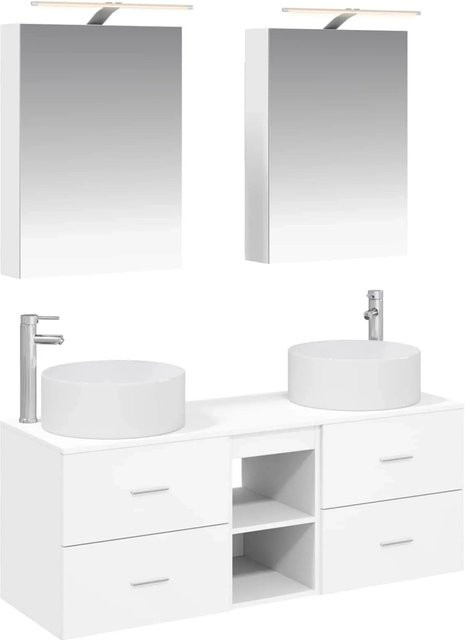 vidaXL Badezimmermöbel-Set in Weiß, modern gestaltet mit Waschtischunterschrank, Wandschränken und Spiegelschrank mit LED-Beleuchtung aus Holz und Glas - Bild 1