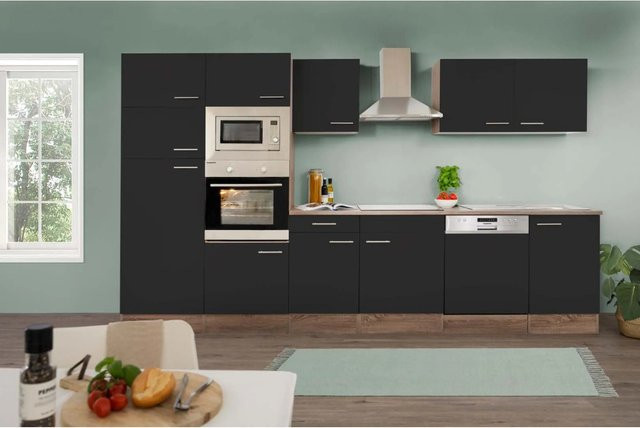 Respekta Küchenzeile York ohne E-Geräte in Schwarz Seidenglanz, Breite: 340 cm, Höhe: 205 cm, Tiefe: 55,5 cm - Bild 1