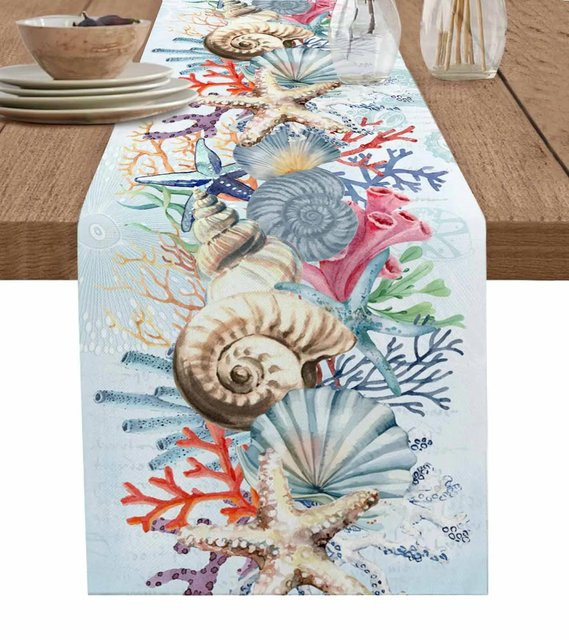 JINGYUE Pet Tischläufer Sommer Meereskoralle aus Leinen in Mehrfarbig, B/T: 150 x 33 cm - Bild 1