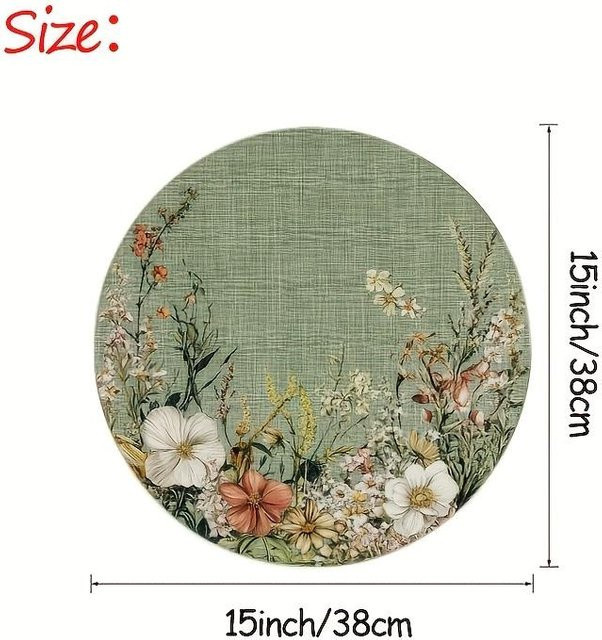JF TableLinen 2er-Set Runde Retro-Tischsets mit Blumenmuster in Grau und Grün, Wasserdicht und Fleckabweisend, Durchmesser: 38 cm - Bild 1