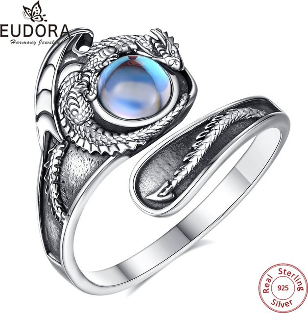 Eudora Ring 925 Silber, Drache, Mondstein, Unisex, Vintage - Bild 1