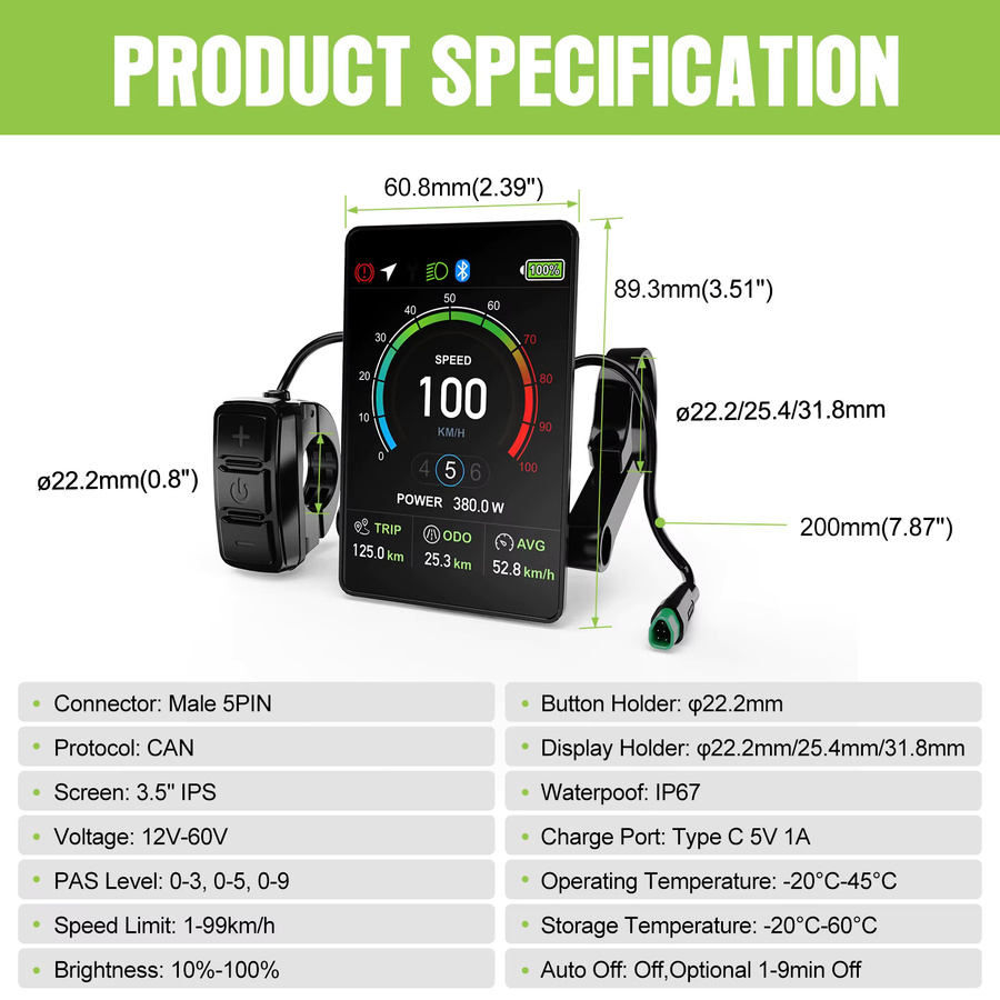 Bafang VD04 Vertikales E-Bike-Display mit 3,5 Zoll IPS Farbdisplay, IP67 Wasserdicht, 0-9 PAS-Stufen, Bafang CAN-Protokoll für Mittelmotoren, Schwarz, Typ-C Anschluss - Bild 7