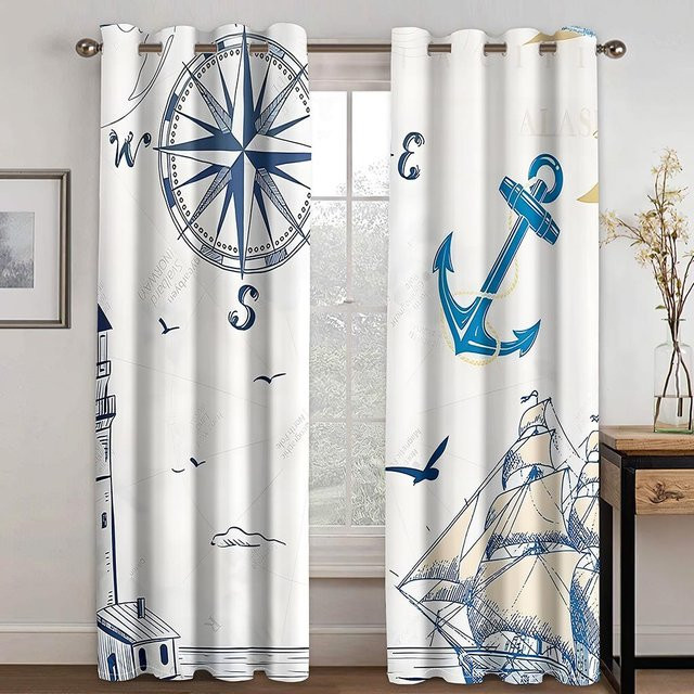 A Family Of Home Textiles Nautische Vorhänge mit Boot Skizze, Schiff, Kompass und Anker, semi-transparent, Blau, 2 Panels, Breite: 200 cm, Höhe: 240 cm - Bild 1