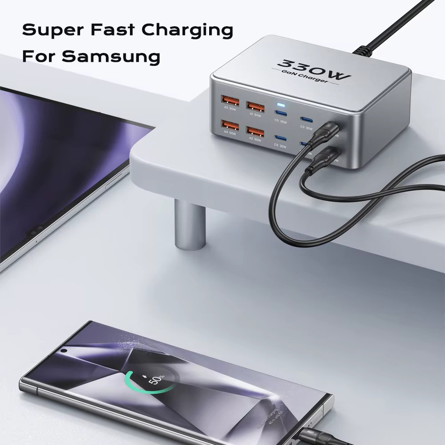 TOPZERO GaN USB-C Schnellladestation 330W mit 100W PD3.0 PPS QC3.0 Multiport Ladegerät in Silber - Bild 4