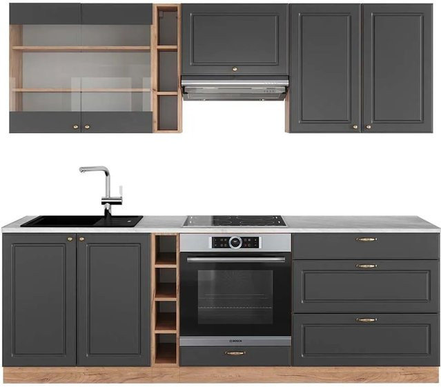 Vicco Fame-Line Küchenzeile Landhausstil in Anthrazit und Eiche mit Marmor-Optik, Breite: 235 cm - Bild 1
