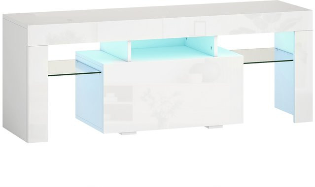 HOMCOM TV-Möbel in Weiß mit RGB-LED-Beleuchtung und Hochglanz-Finish, TV-Ständer für 43-50 Zoll Fernseher mit Glasregalen und klappbarem Schrank, Breite: 120 cm - Bild 1