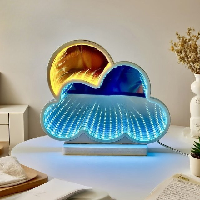 LED-Unendlichkeitsspiegel Wolkentunnel mit RGB-Neonlicht in Blau und Gelb, USB-betriebbare Wandlampe für Schlafzimmer und Spielzimmer - Bild 1