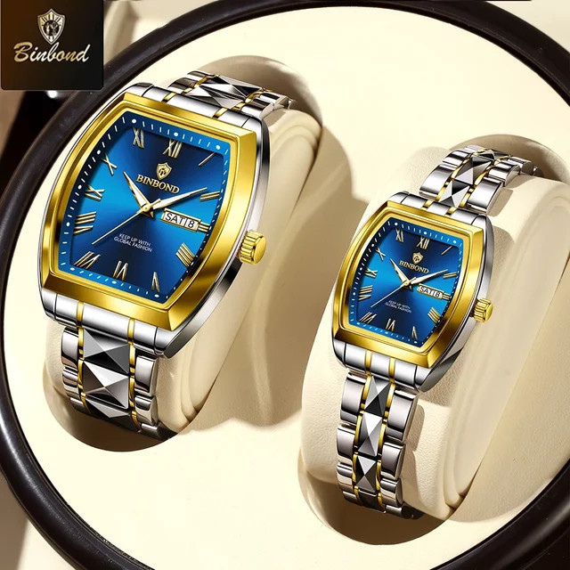 BINBOND Armbanduhr, Quarz, Edelstahl, Gold, Blau, Eckig, Unisex - Bild 1