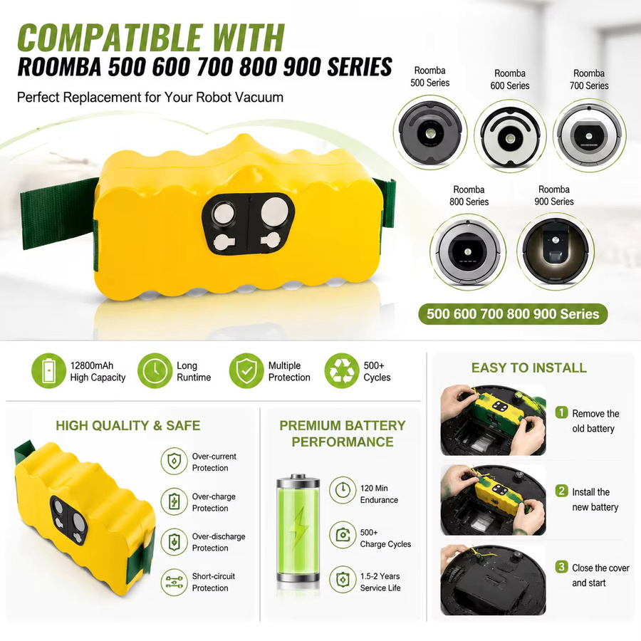 Ersatz Akku 14,4V 12,8Ah NI-Mh für iRobot Roomba 500 600 700 800 Serie in Gelb - Bild 5
