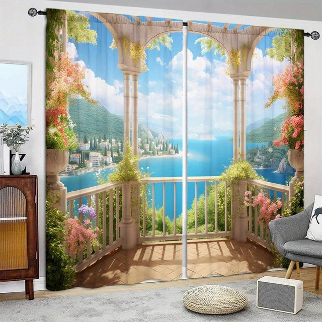 2er-Set bedruckte Vorhänge im Landschafts-Stil von Household supplies MH, halbtransparent, bunt, Breite: 75 cm, Höhe: 165 cm - Bild 1