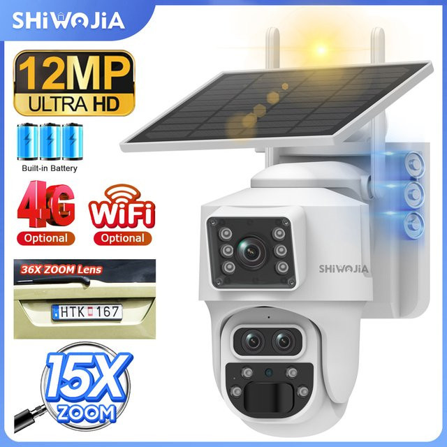 SHIWOJIA 6K 12MP Solarkamera mit 15X Zoom, 4G SIM und WIFI, Drei-Linsen-Aufnahme, Dual-Bildschirm, Menschliche Auto-Verfolgung und Farbnachtsicht, Weiß - Bild 1