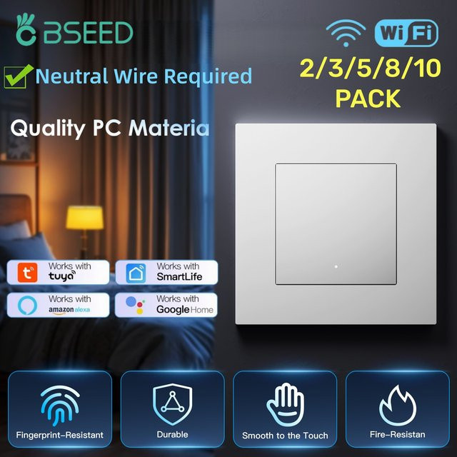 BSEED WLAN-Smart-Lichtschalter 1-fach aus Kunststoff mit gelber Hintergrundbeleuchtung, Weiß, Tuya App Steuerung, EU-Standard - Bild 1