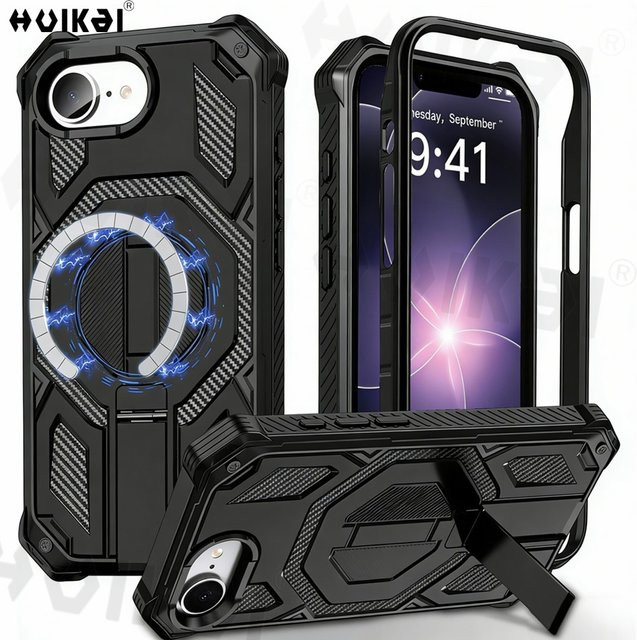 Huikai Magnetische Handyhülle für iPhone 17e und iPhone 16e mit unsichtbarem Ständer in Schwarz, 3-in-1 Vollschutz nach militärischem Standard - Bild 1