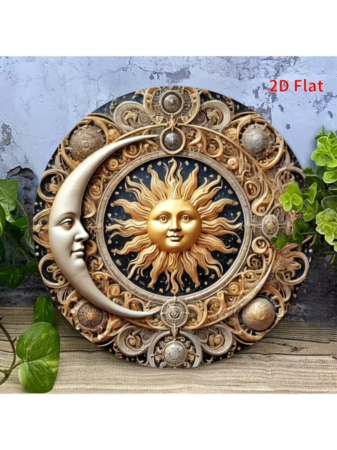 Potdemiel Rundes Metallschild aus Eisen mit Sonnen- und Monddekoration im Retro-Stil, Durchmesser: 20 cm - Bild 4