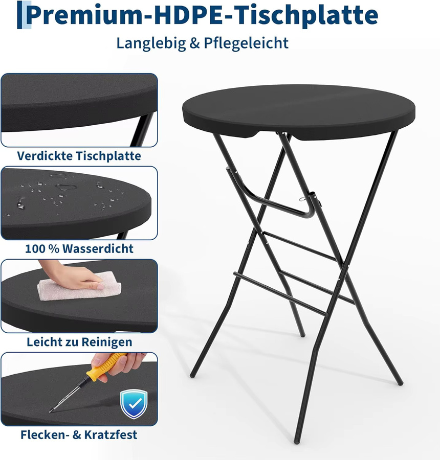 HiMISS Klappbarer Hochtisch rund aus Metall für Garten und Outdoor, Höhe: 110 cm, Durchmesser: 80 cm - Bild 3