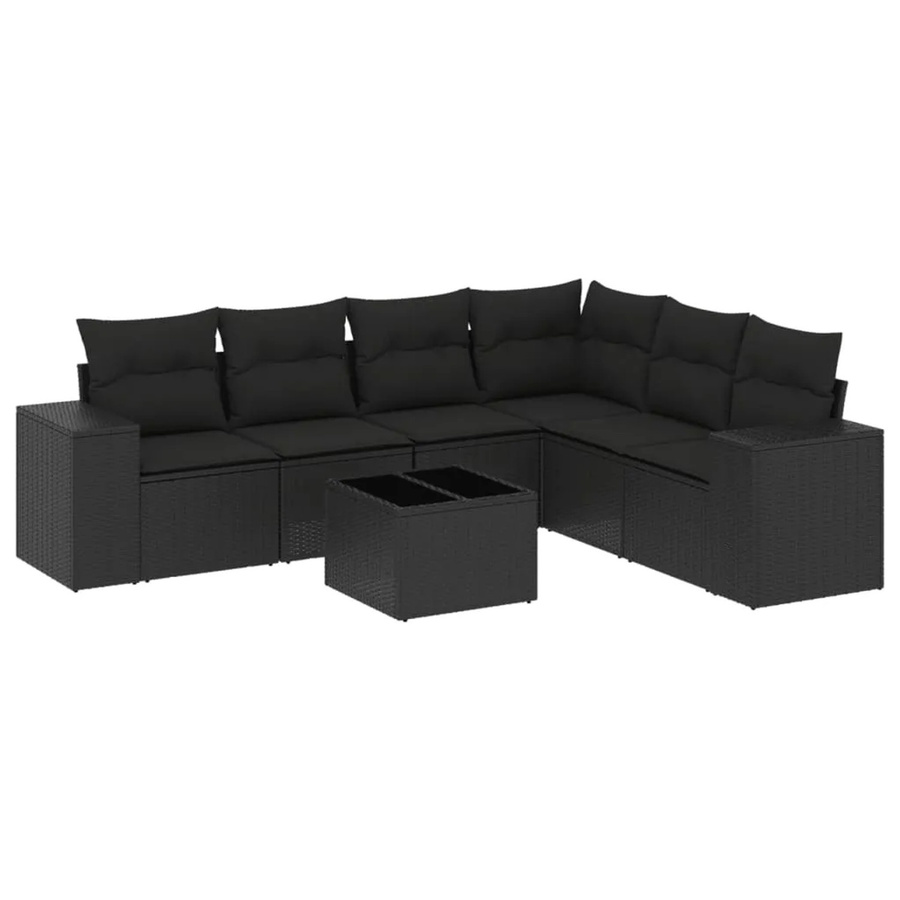 vidaXL 7-tlg Garten-Sofagarnitur in L-Form aus schwarzem Poly-Rattan mit UV-beständigen Kissen und pulverbeschichtetem Stahlgestell - Bild 2