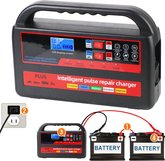Intelligentes Handheld Batterie Ladegerät mit LCD Display und Puls-Reparaturfunktion für 12V / 24V Auto und Motorrad in Schwarz - Bild 1