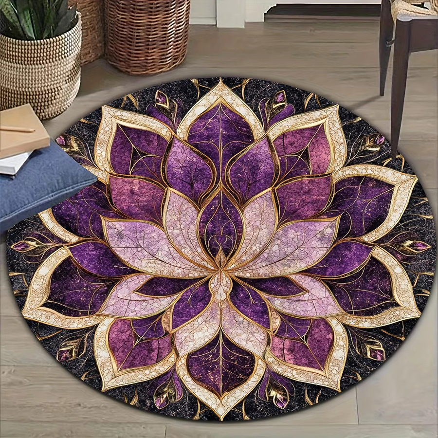 VIKAMA Mandala Lotus runder Teppich in Lila, rutschfest und waschbar, Boho Design für Schlafzimmer oder Yoga-Raum, Durchmesser: 60 cm - Bild 2