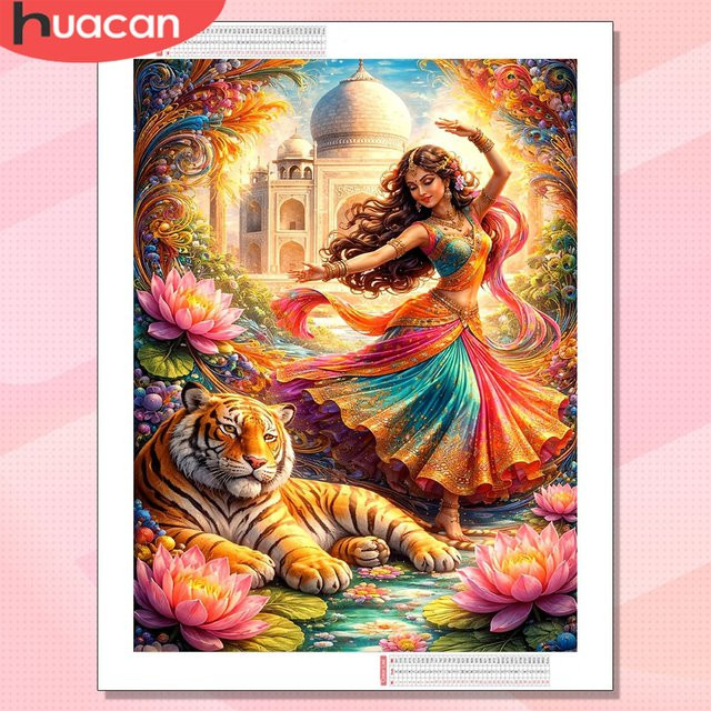 HUACAN Diamant-Mosaik Set mit Frauenporträt, Tiger und Lotus in Mehrfarbig, B/H: 30,0 x 20,0 cm - Bild 1